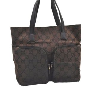 Authentic GUCCI Tote Hand Bag GG Monogram Canvas Leather Black Brown